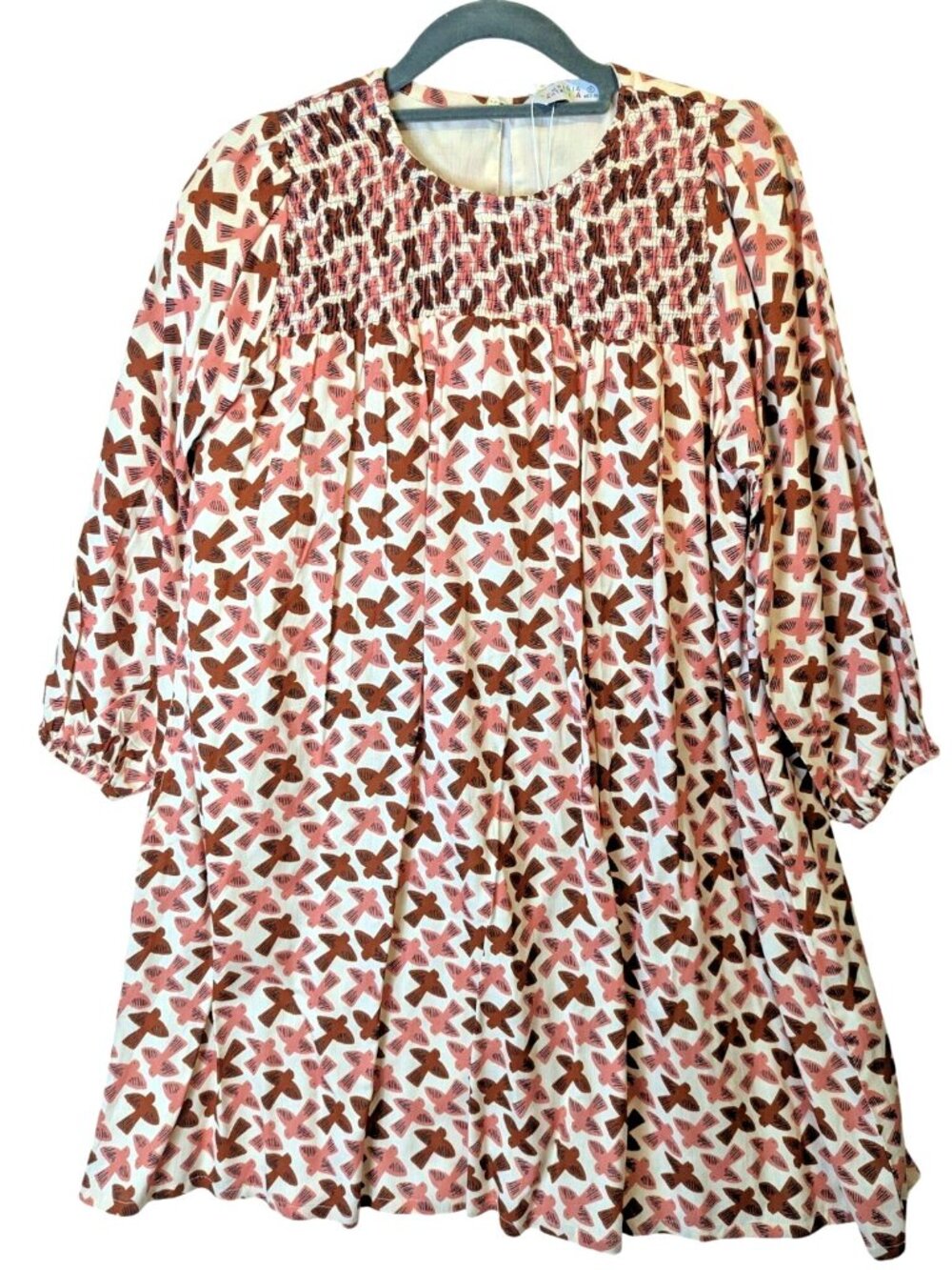 Compania Fantastica Dress Women sz S Bird Print Mini Smocked Pockets Mockingbird